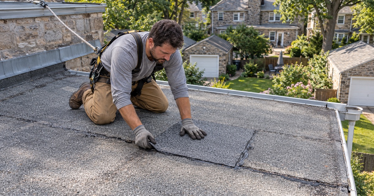 A modified bitumen patch pressed down over a split in the flat rear roof of a Glenside stone twin.