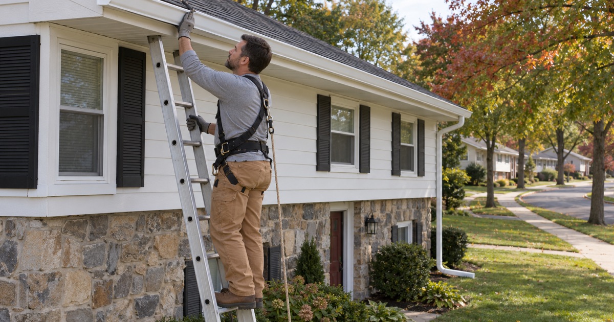 A new seamless aluminum gutter guided into its last hanger along the eave of a split-level in Abington Township.