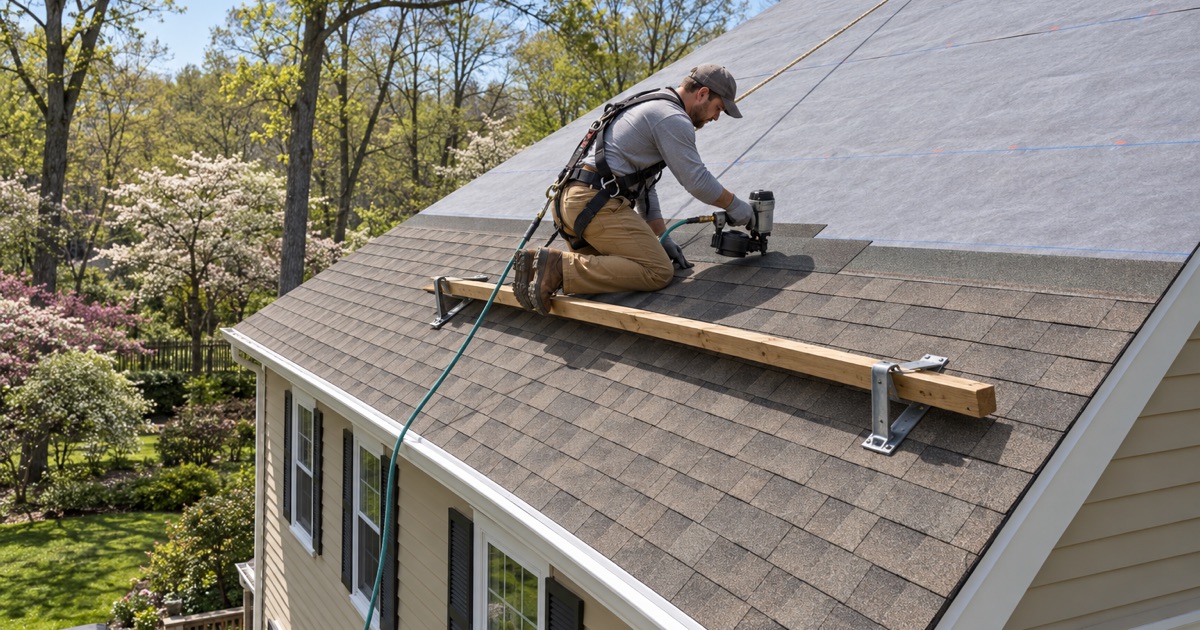 A new architectural shingle roof being nailed down over fresh underlayment on a 1950s colonial in Abington Township.