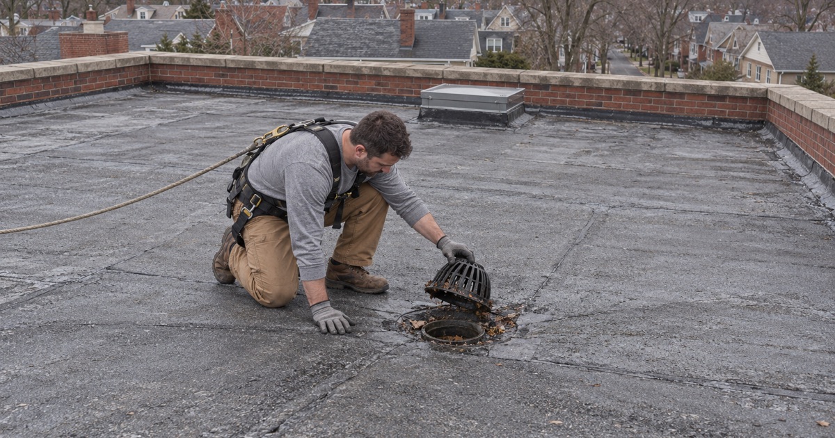 A roofer clearing a roof drain on the flat roof of a three-story brick apartment building in Collingswood.