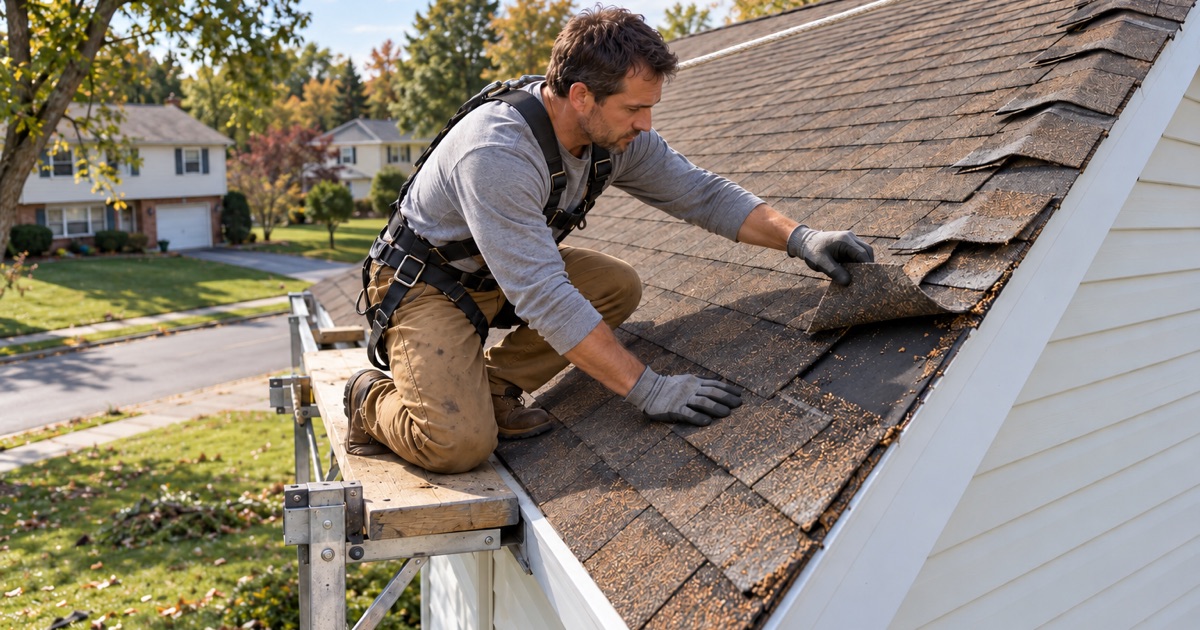 Shingle tabs creased by tornado-strength wind along the rake of a house in Doylestown Township, checked before the claim