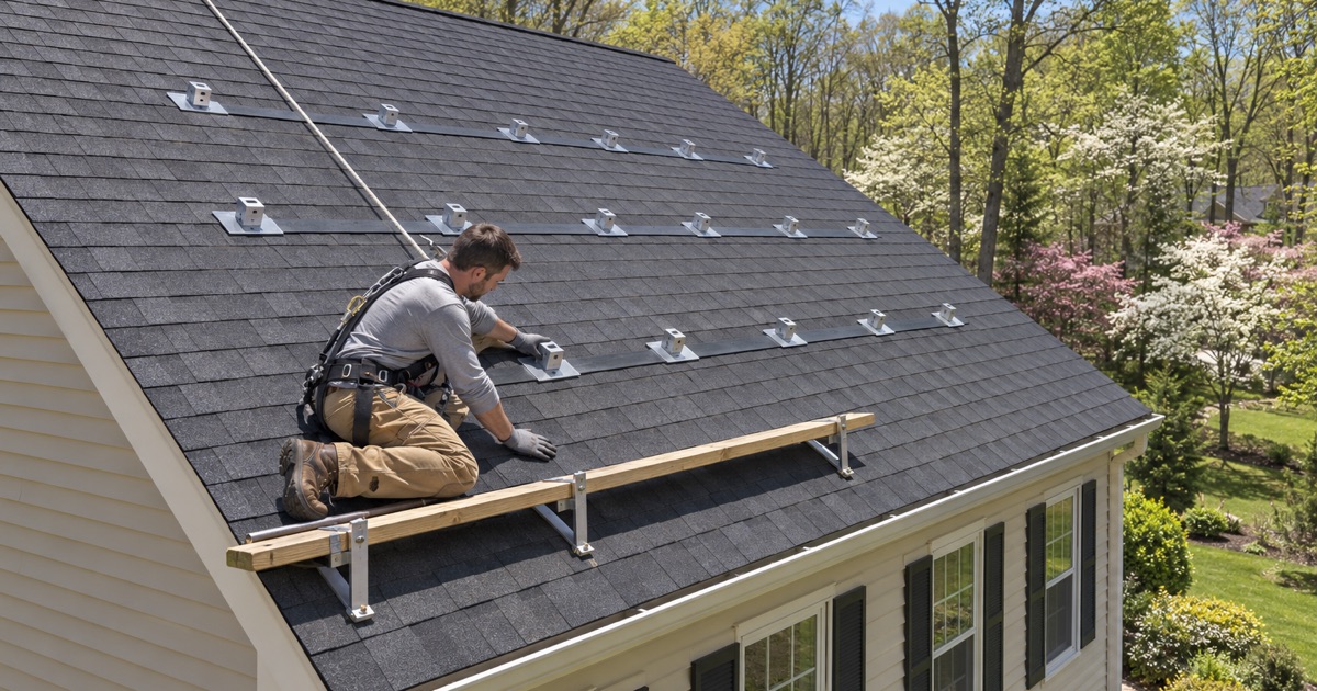 Flashed solar mounts set in rows on a brand-new shingle roof in East Goshen, kept back from the edges, the panels not yet on.
