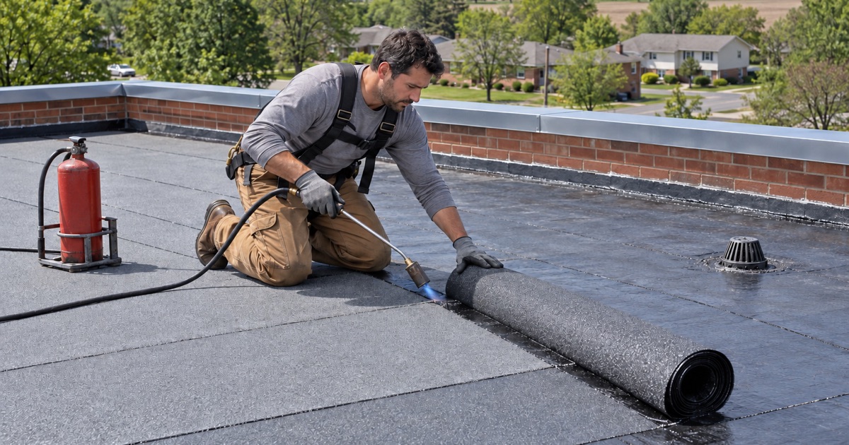 A roofer torch-applying a granulated cap sheet to the low-slope roof of a one-story medical office building in East Norriton.