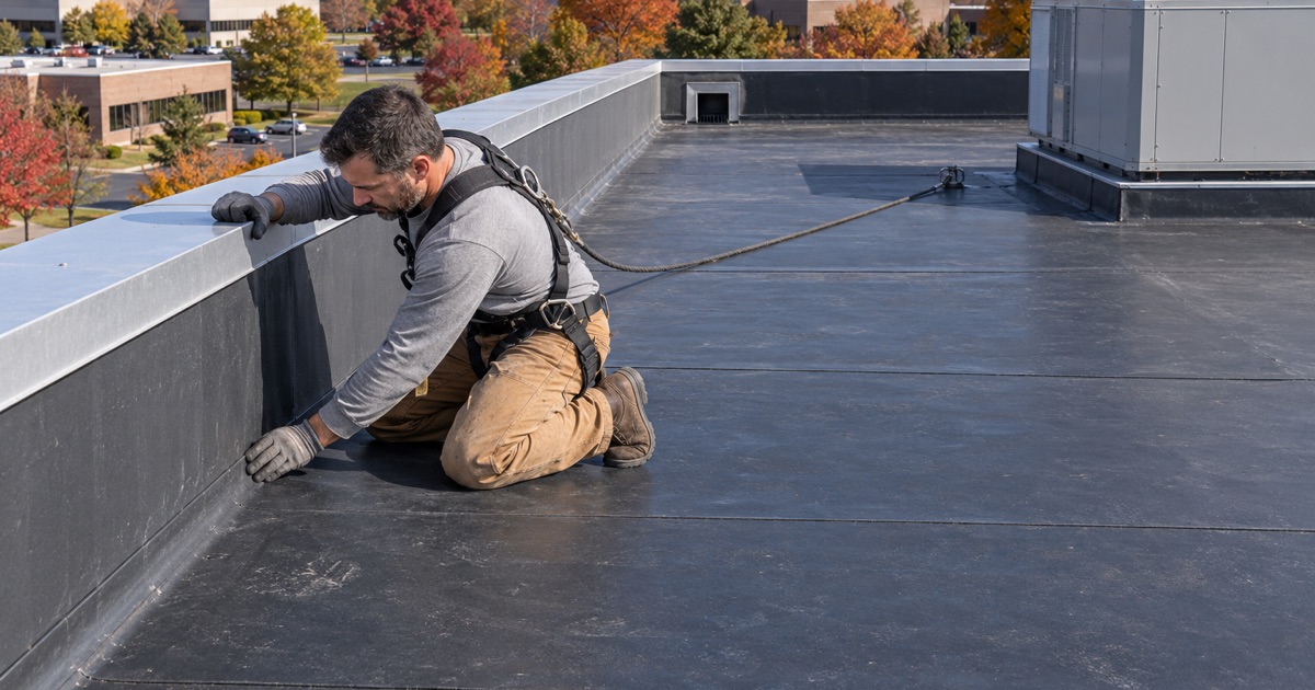 A roofer checking the EPDM membrane where it turns up the parapet of an office and flex building in East Whiteland’s office park.
