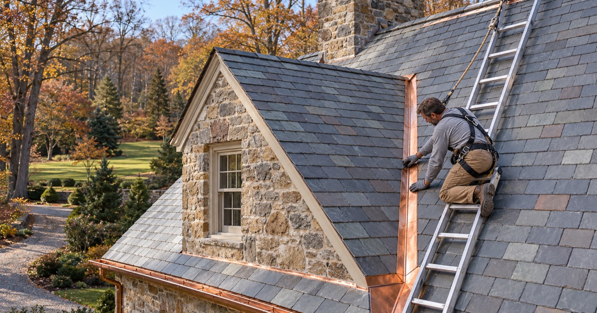 A roofer checking the copper valley where a stone dormer meets the slate roof of an estate house in Easttown.