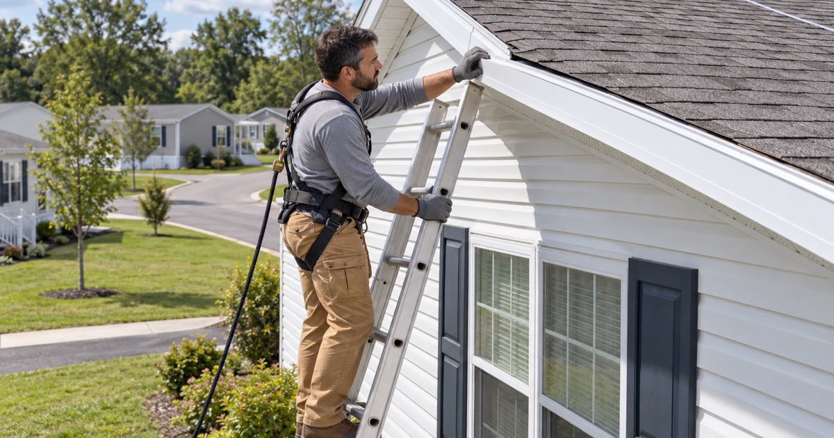 A roofer refastening wind-loosened eave trim on a multisection manufactured home in Franconia Township.