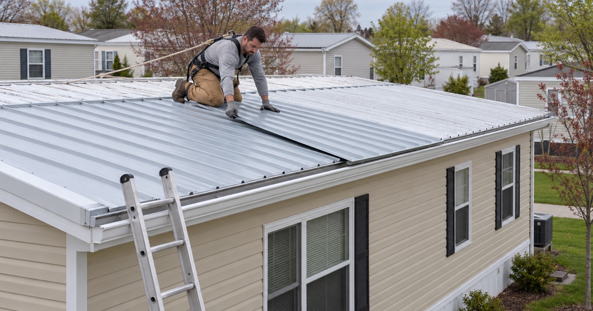 Galvanized steel roof-over panels being fastened across the shallow roof of a single-section manufactured home in Gloucester City.