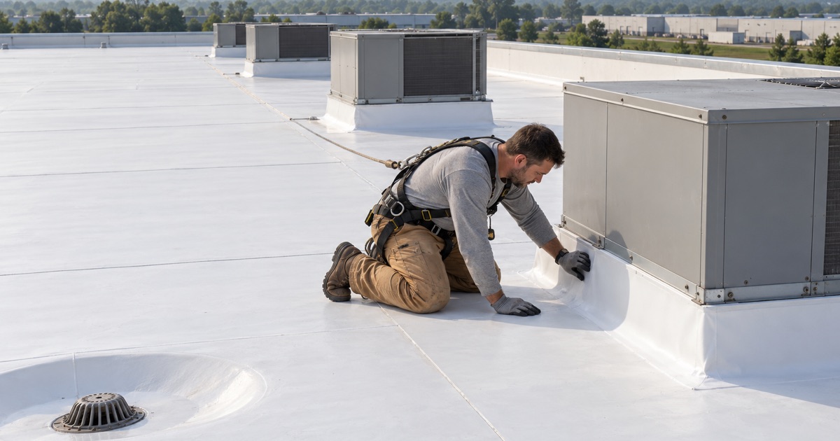 A roofer sealing the membrane flashing at an HVAC curb on the low-slope roof of a large food plant in Hatfield Township.