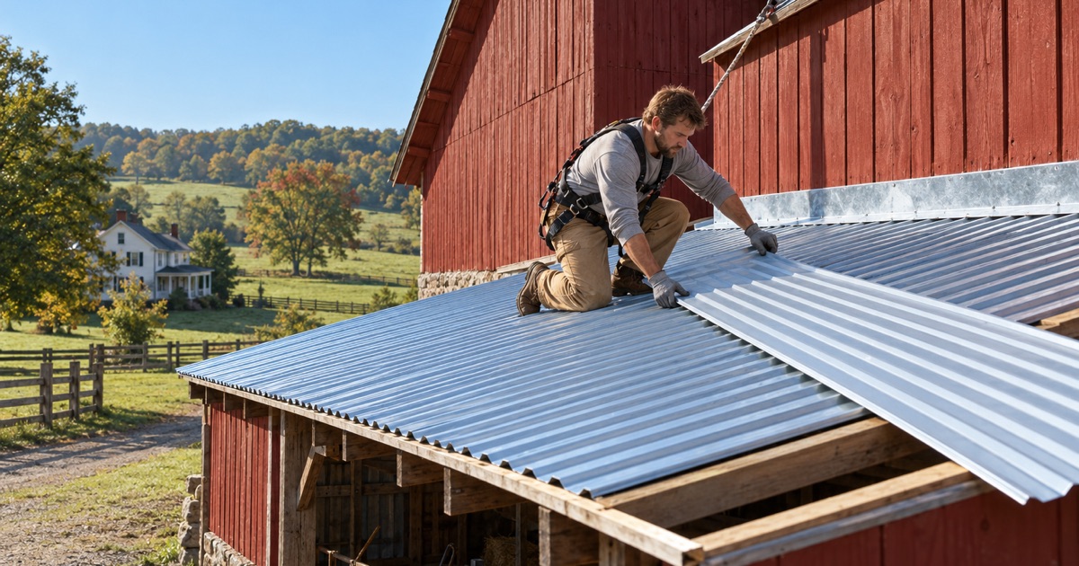 New corrugated steel panels going onto the lean-to roof of a red bank barn on a farm in Hilltown Township.