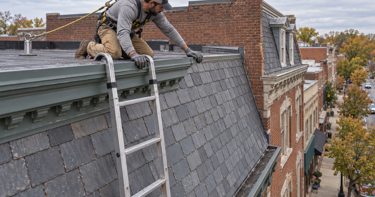 A roofer at the cornice of a slate mansard on a brick storefront building along Lansdowne Avenue in Lansdowne.