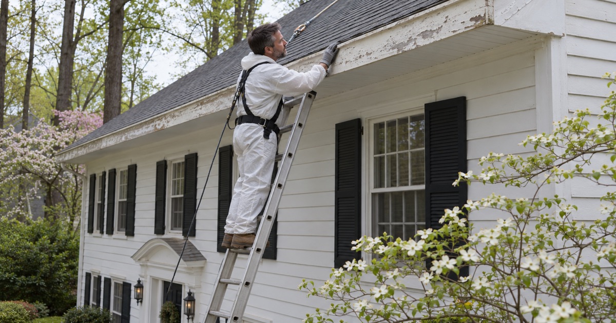 A roofer working on painted fascia over plastic sheeting during a lead-safe re-roof of a pre-1978 house in Nether Providence.