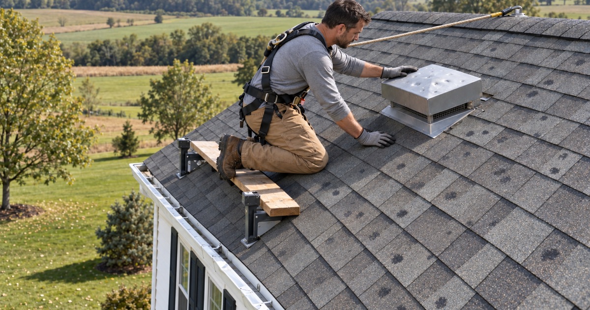 A roofer checking a hail-dented box vent and bruised shingles on a colonial in Plumstead Township after a hailstorm.