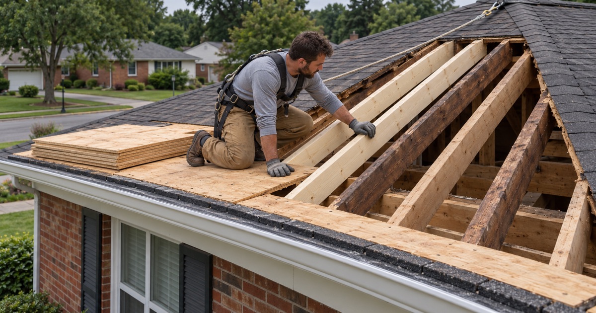 New rafters being sistered in after a roof collapse on a ranch in Plymouth Township, the opening still uncovered.