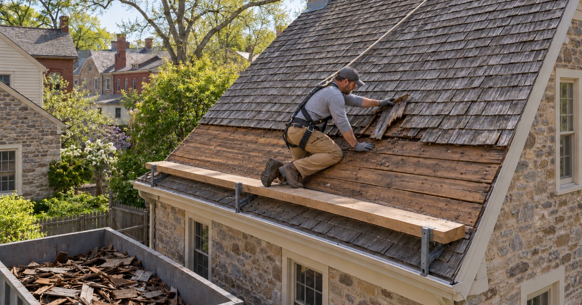 Old cedar shakes being torn off the rear roof of a nineteenth-century village shop in Skippack before the new roof goes on.