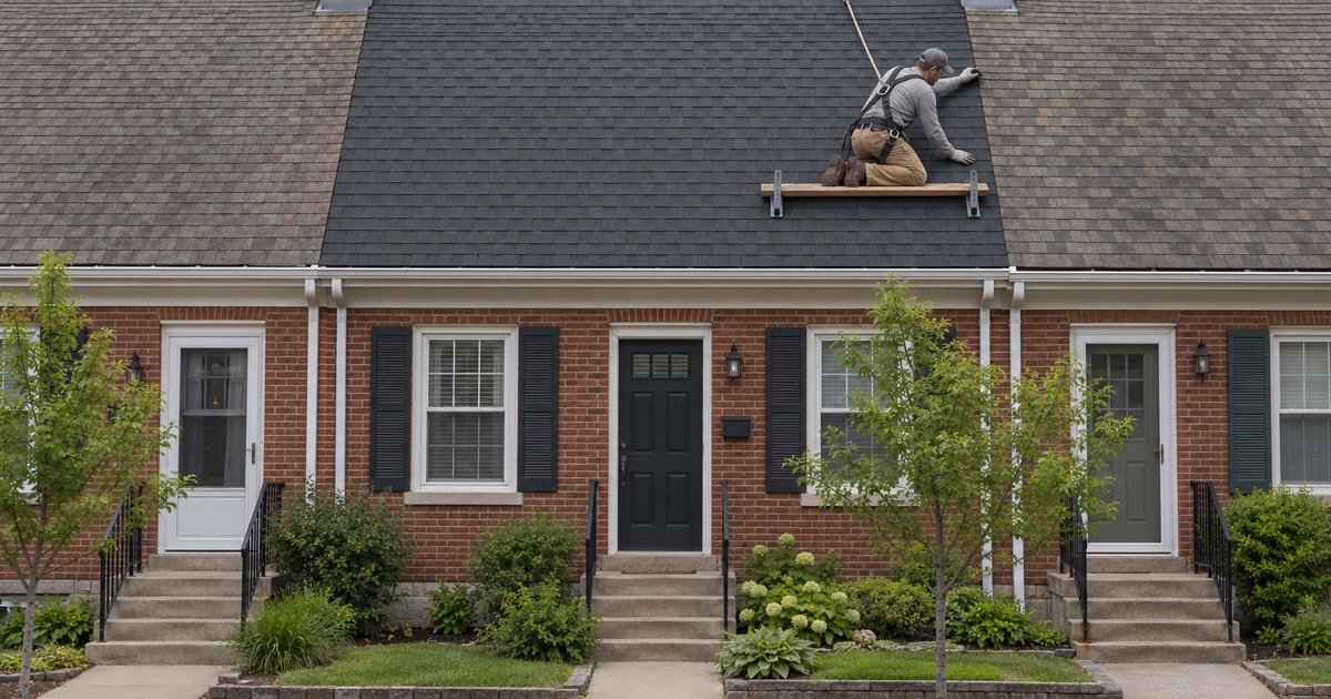 A new roof on one Towamencin townhouse, tied into the neighbors’ older shingles at the party line