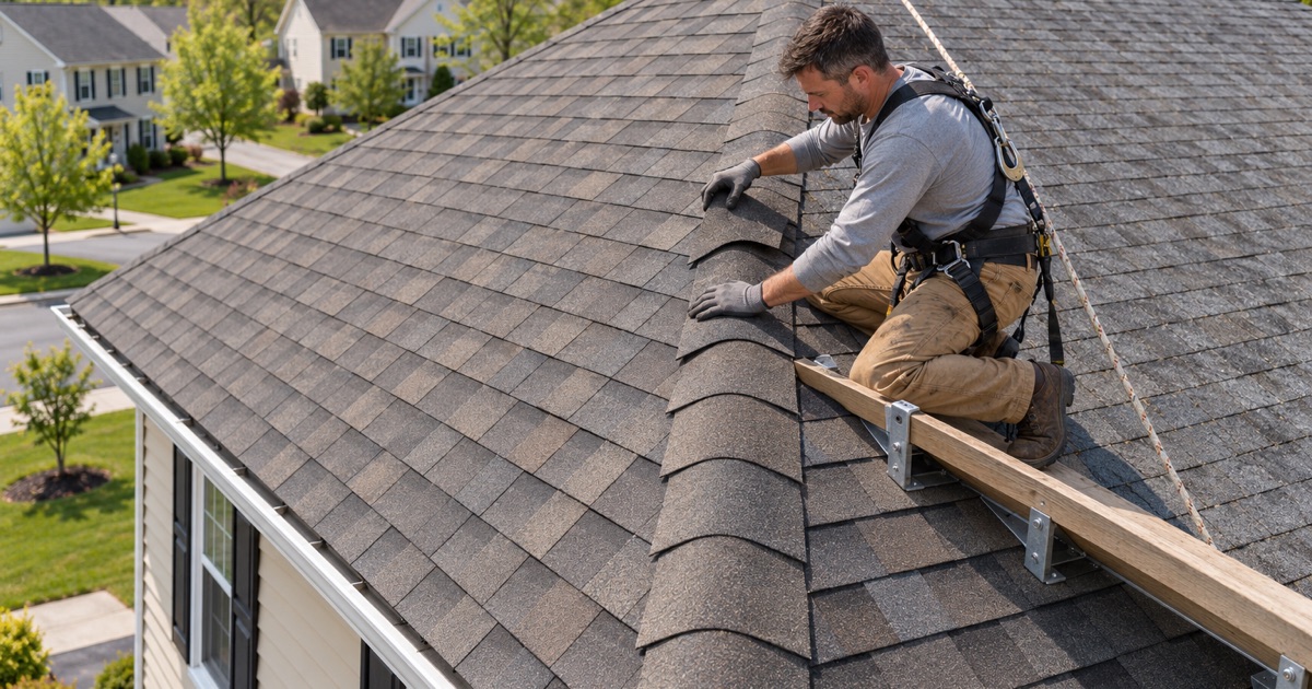 A 1980s Upper Gwynedd colonial getting its first full roof replacement, new hip caps meeting the original shingles