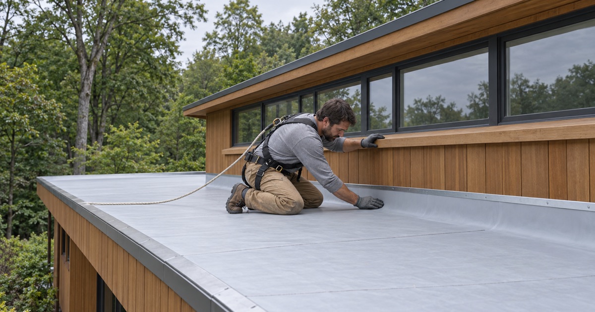 A roofer sealing the membrane at the base of a clerestory on a modernist flat-roofed house in Upper Southampton.