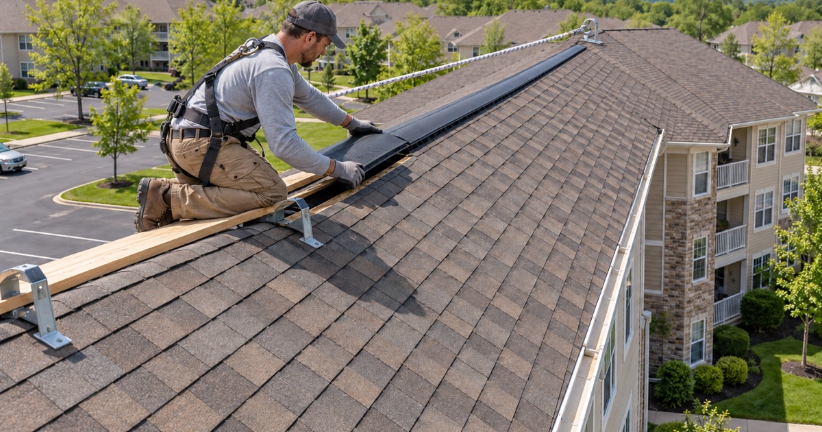 A roofer fitting ridge vent along the new shingle roof of a three-story garden-style condominium building in West Norriton.