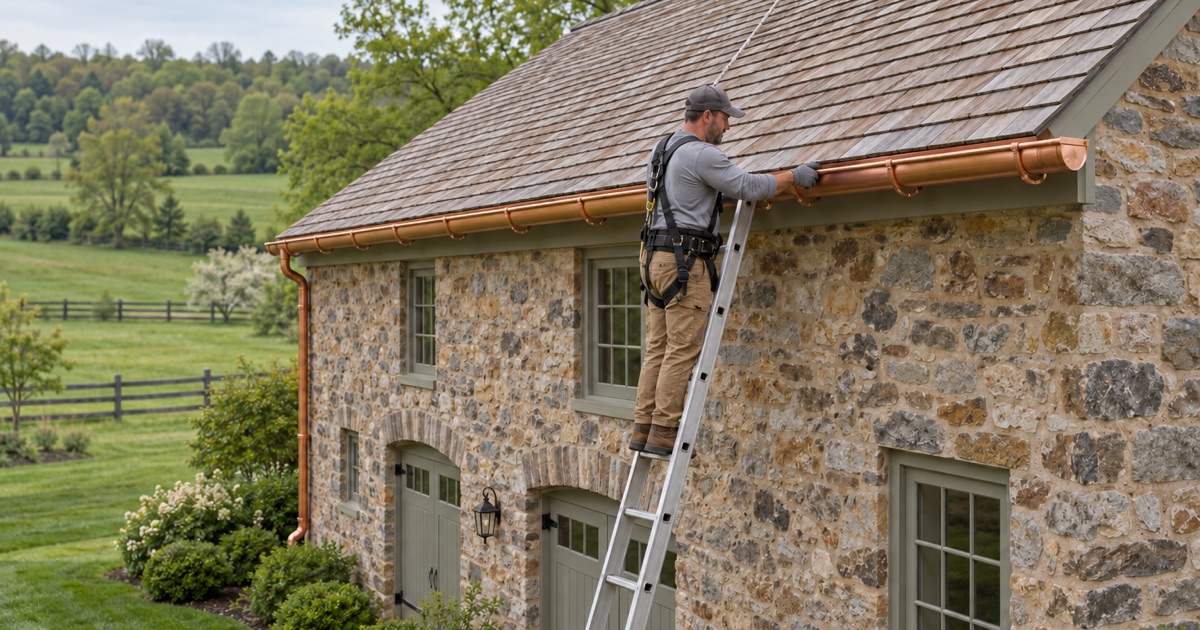 A new copper half-round gutter fitted to a stone carriage house on preserved farmland in Willistown Township.