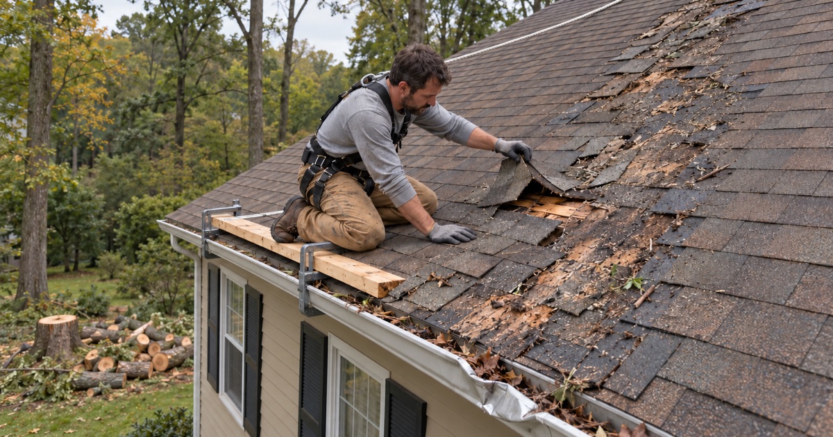 Checking the deck under shingles cracked by a falling hardwood on a wooded two-acre lot in Worcester Township