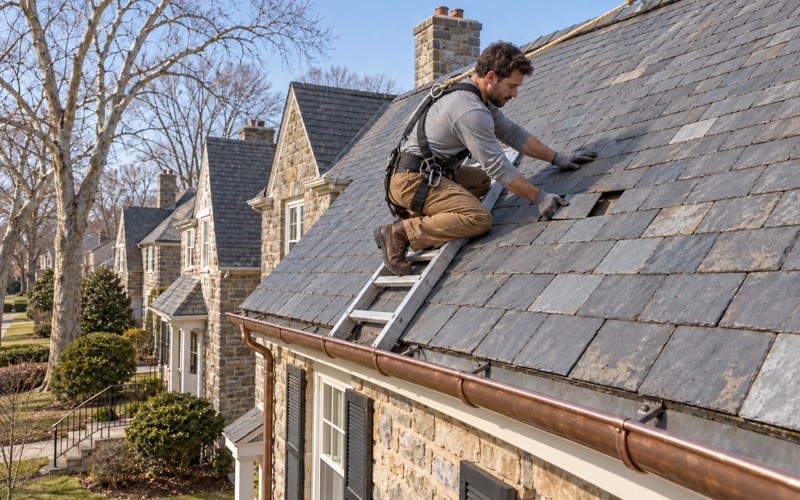 A replacement slate slid into a gap on the gray slate roof of a prewar stone twin in Glenside.