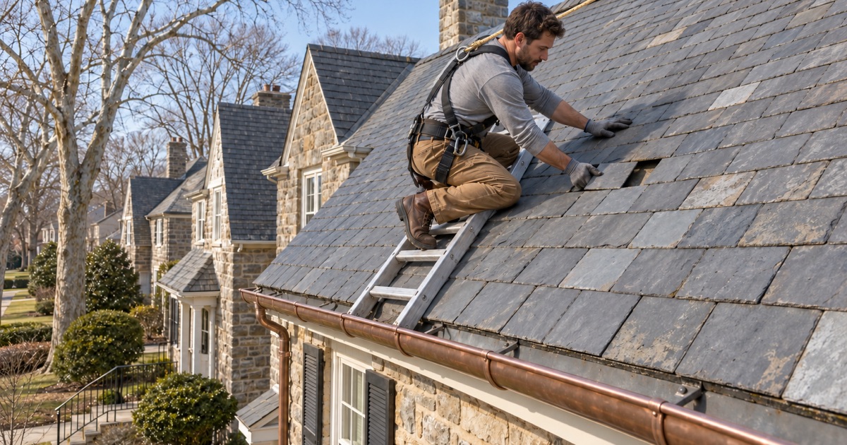 A replacement slate slid into a gap on the gray slate roof of a prewar stone twin in Glenside.