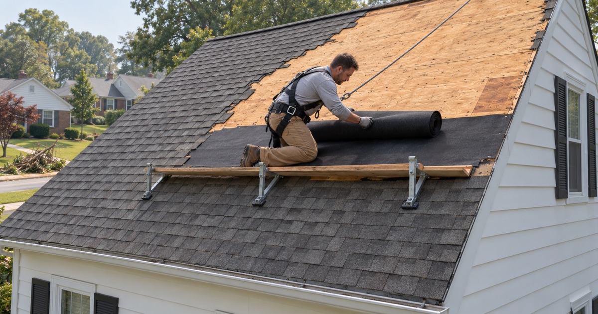 New felt being rolled across a section of roof stripped to the deck by a storm on a Cape Cod in Abington Township.